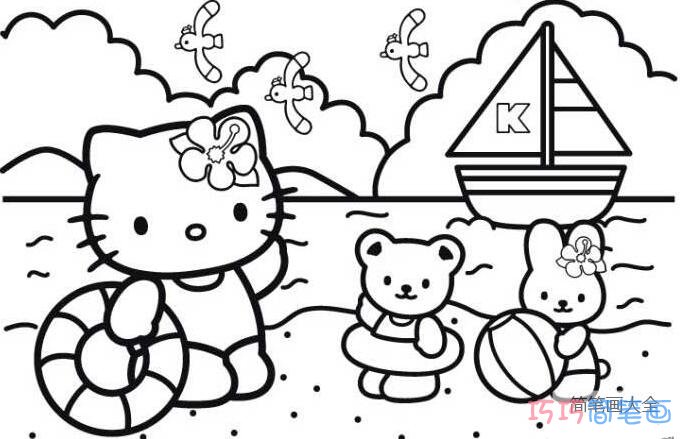 卡通kitty猫和小熊去游泳的简笔画图片教程