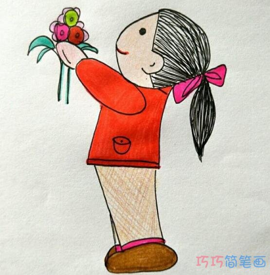 小女孩给老师献鲜花儿童画图片 教师节的画图片