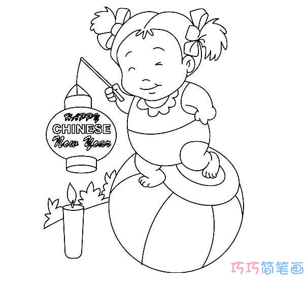 元宵孩童点灯笼灯简笔画_灯笼简笔画