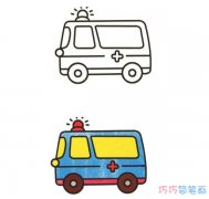 彩色简单救护车怎么画漂亮_卡通小汽车简笔画