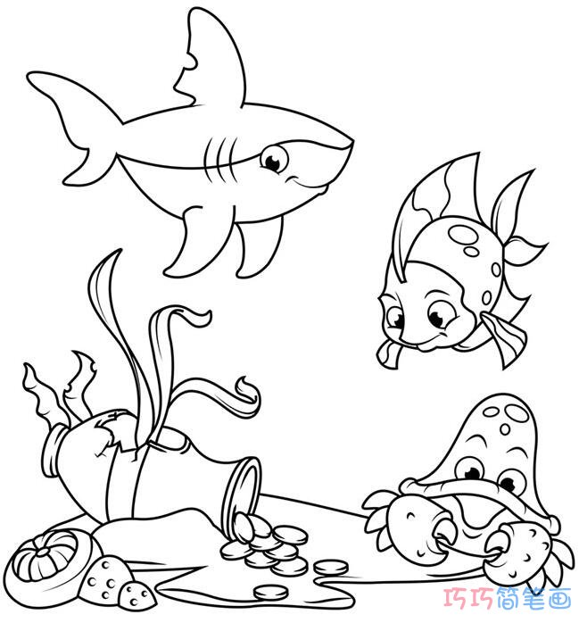 卡通海底世界怎么画可爱_海底世界简笔画图片