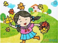 卡通小女孩捡树叶怎么画好看彩色_秋天简笔画图片