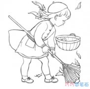 小女孩扫树叶素描怎么画简单漂亮_秋天简笔画图片