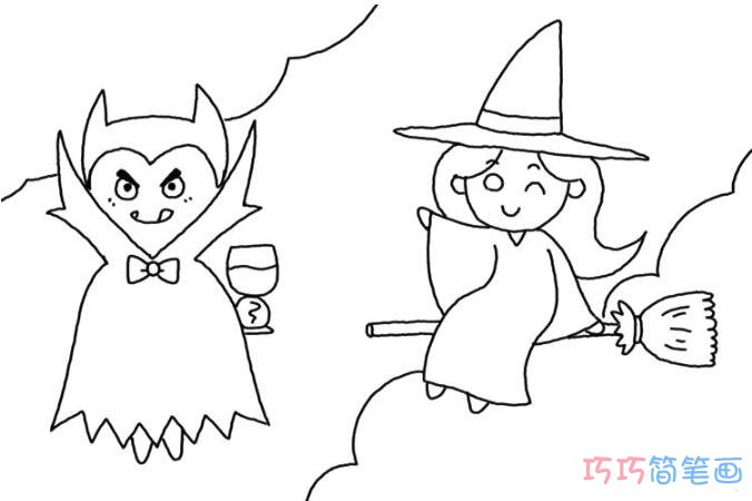 吸血鬼和女巫要怎么画好看可爱_万圣节简笔画图片