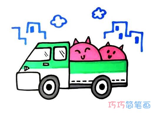 儿童Q版彩色小卡车超可爱简单画法步骤_卡车简笔画图片