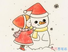 戴红帽小女孩堆雪人怎么画好看_圣诞节小女孩简笔画图片