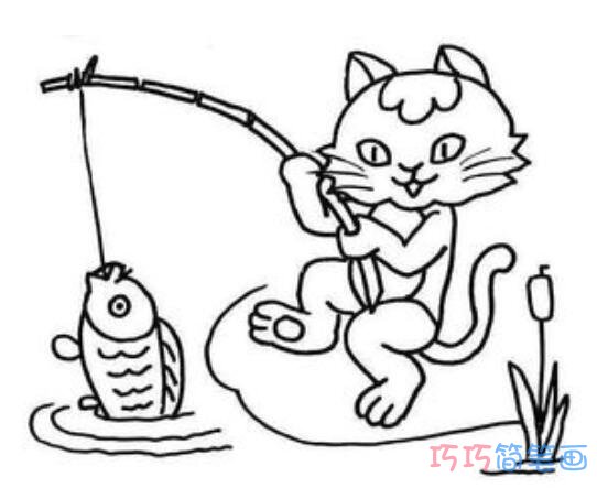 小猫钓鱼怎么画好看简单_小猫简笔画图片