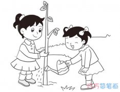 植树节主题儿童画小女孩_小女孩植树简笔画图片