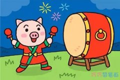 卡通小猪打鼓贺新年简笔画图片 彩色小猪的画法步骤图