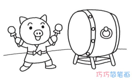 卡通小猪打鼓怎么画可爱_小猪简笔画图片