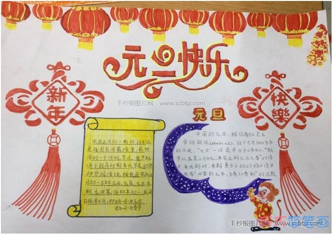 怎么画三年级小学生关于元旦快乐红灯笼的手抄报图片