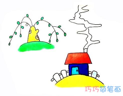 春天景色柳树小屋的画法步骤图带颜色