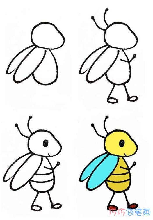 卡通小蜜蜂的画法步骤涂色简笔画图片