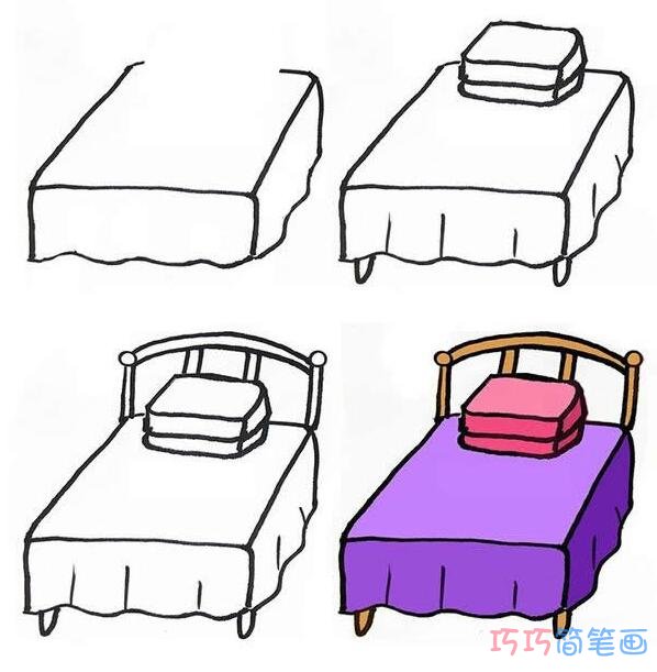 简单小床铺的画法步骤 涂色小床简笔画图片