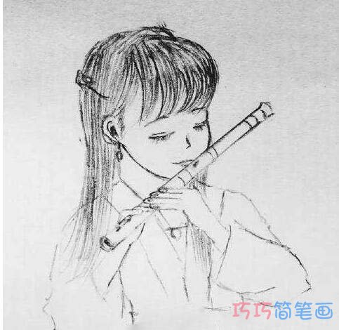 吹笛子小女孩素描怎么画简单漂亮 儿童节简笔画