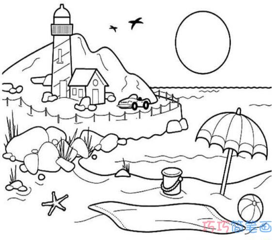 海滩风景儿童画怎么画简单 海滩简笔画图片