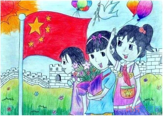 小学生庆祝儿童节升国旗水彩画简单漂亮