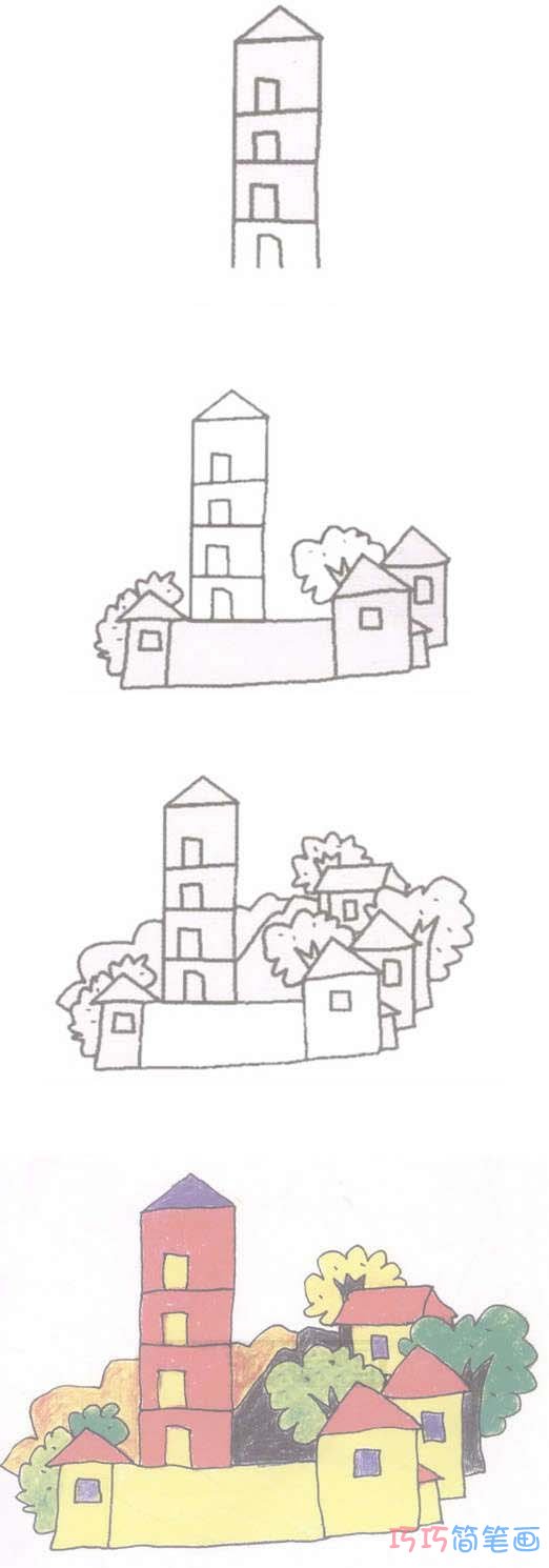 村庄房屋怎么画填色 彩色房子简笔画图片
