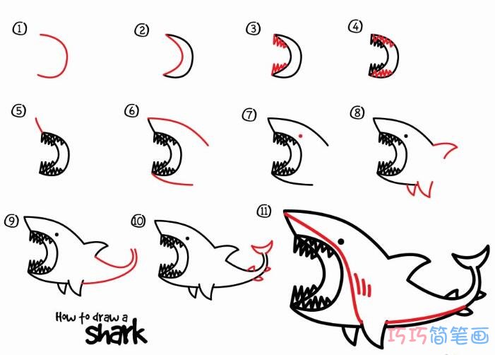 儿童大鲨鱼简笔画画法步骤图一步一步画