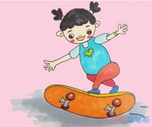 一年级玩滑板小女孩怎么画涂颜色简单步骤