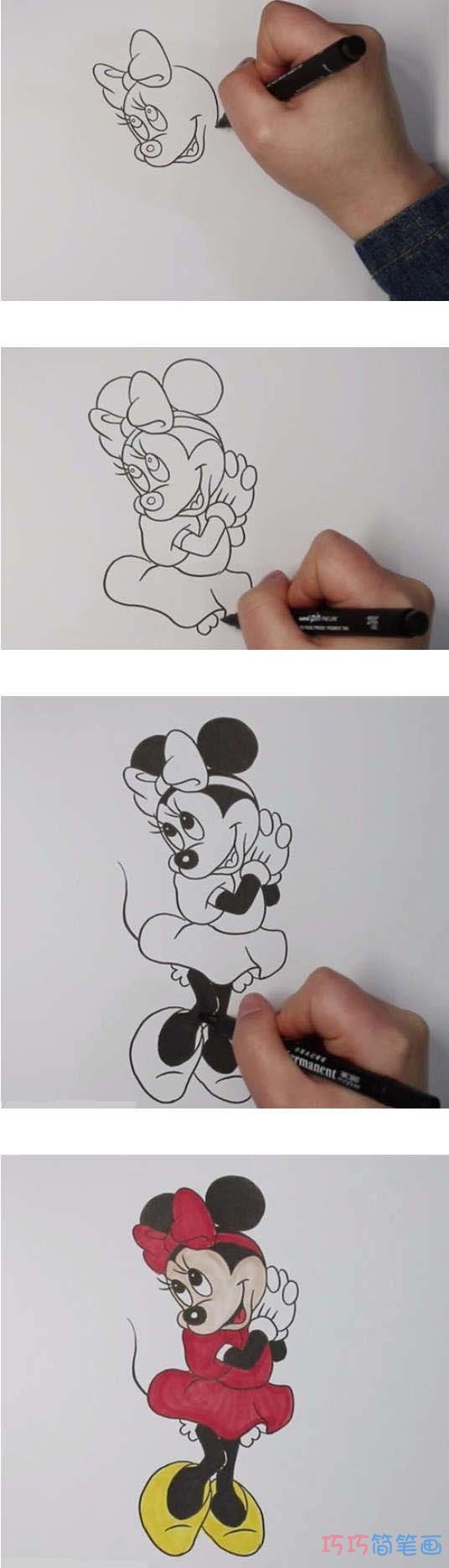 迪士尼米妮简笔画怎么画带步骤涂色