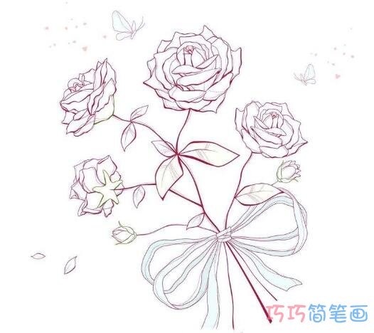 怎么手绘情人节玫瑰花束简笔画教程简单漂亮彩色