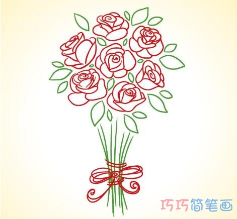 怎么手绘情人节玫瑰花束简笔画教程简单漂亮彩色