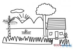 怎么画山水小屋简笔画的画法简单教程
