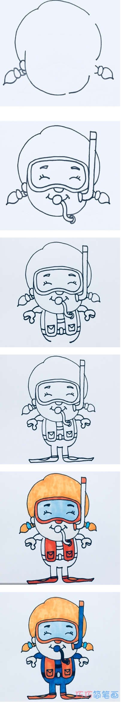 卡通潜水员简笔画画法步骤教程涂色简单