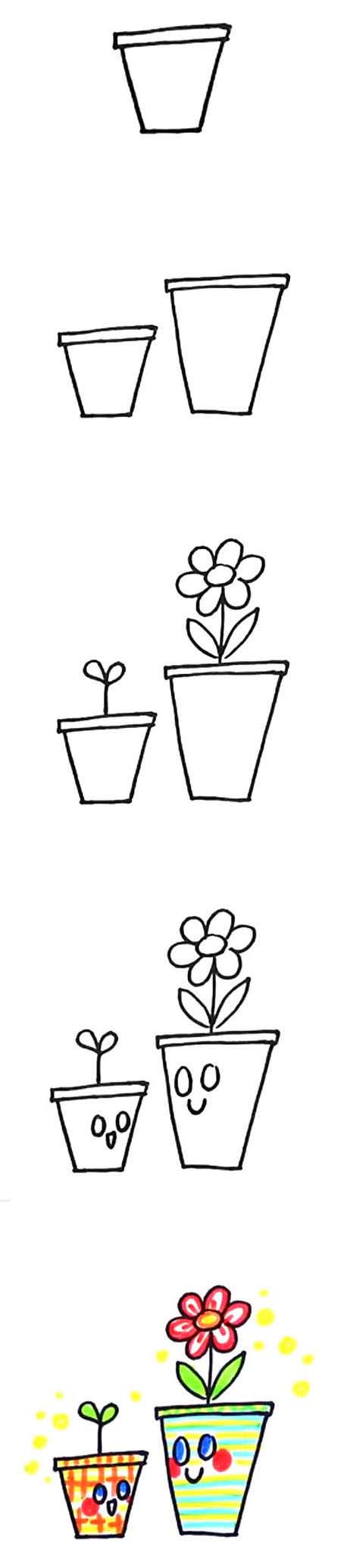 两盆可爱卡通小花的简笔画画法步骤教程简单好看涂颜色