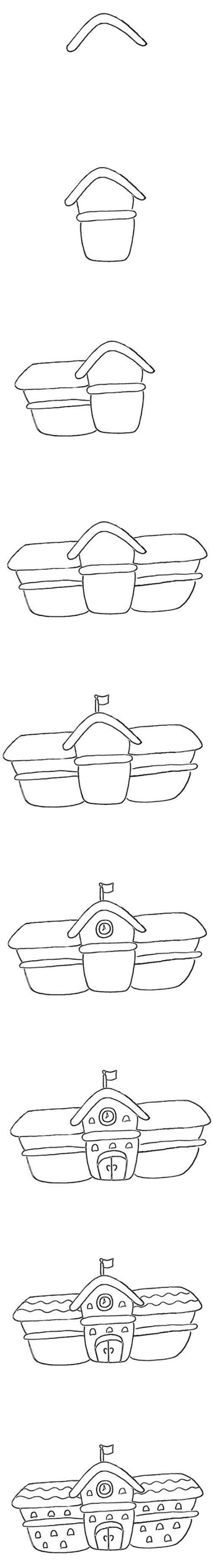 建筑物学校房子教学楼简笔画怎么画步骤教程简单好看