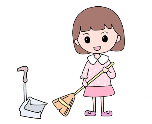 小女孩扫地做家务劳动节简笔画步骤教程