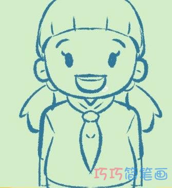 简单好看的戴红领巾小女孩画法填色_小女孩简笔画