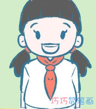 简单好看的戴红领巾小女孩画法填色_小女孩简笔画