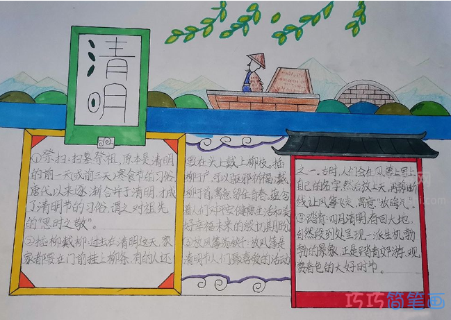 清明节祭扫+植树+放风筝荡秋千手抄报图片-简单好看绘画