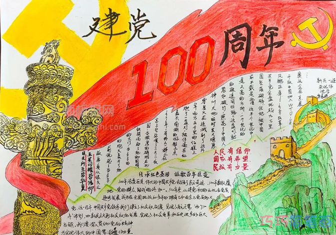 建党100周年-传承红色基因 讴歌百年巨变手抄报绘画图片