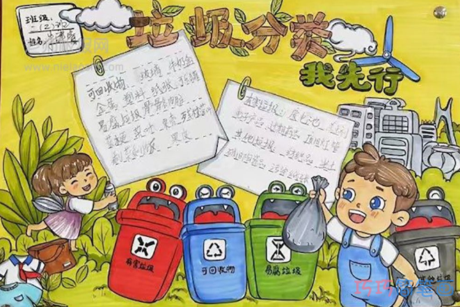垃圾分类我先行一年级手抄报图片