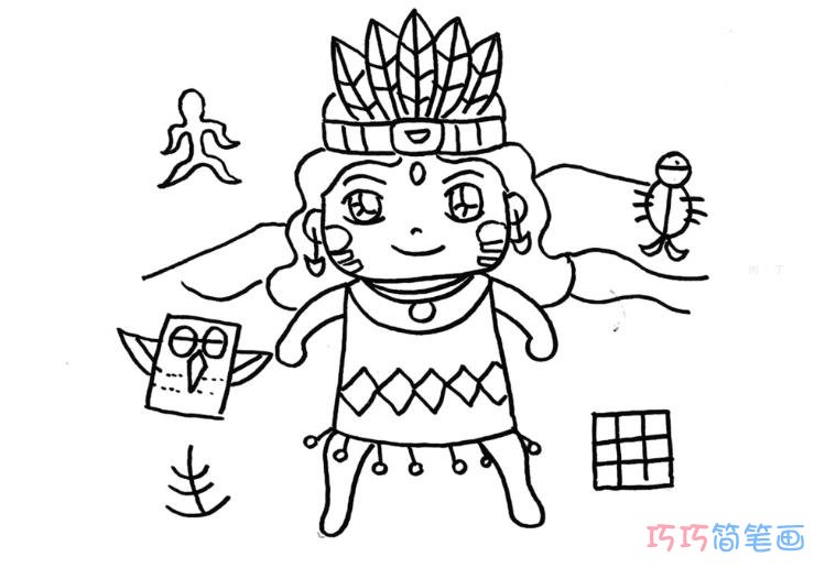 手绘幼儿简单简笔画小印第安人的画法步骤